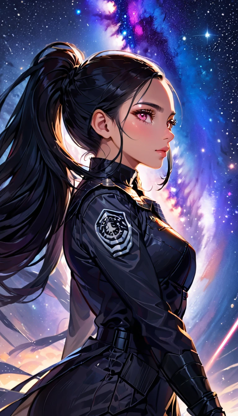 a beautiful female soldier named Lin Wei, standing on a spaceship with a vast expanse of space filled with twinkling stars as the backdrop. Lin Wei has long, shiny black hair tied in a high ponytail, black sparkling eyes, an oval face, finely shaped eyebrows, a slightly prominent nose, and soft pink lips. She is wearing a perfectly fitting black military uniform that highlights her strength and elegance, along with high boots. Lin Wei looks directly at the camera with confidence and grace. The background should convey the grandeur and vastness of the universe."