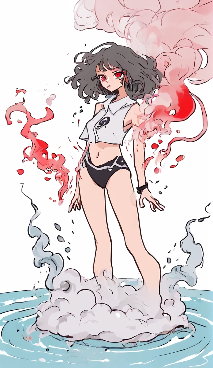 score_9, score_8_up, score_7_up, score_6_up, score_5_up, score_4_up, did vaporwave style, solo, 1girl, female, water, white background, red eyes, simple background, from side, glitching, smoke surrounding her, in tatters,  surrounded by smoke
