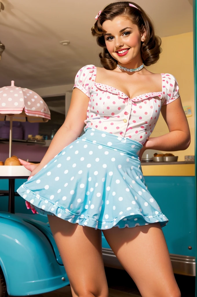 photo brunette pinup holding big lollipop beautiful smile beautiful cafe retro bright light colors pastel mini skirt with polka dots posing in pinup style y