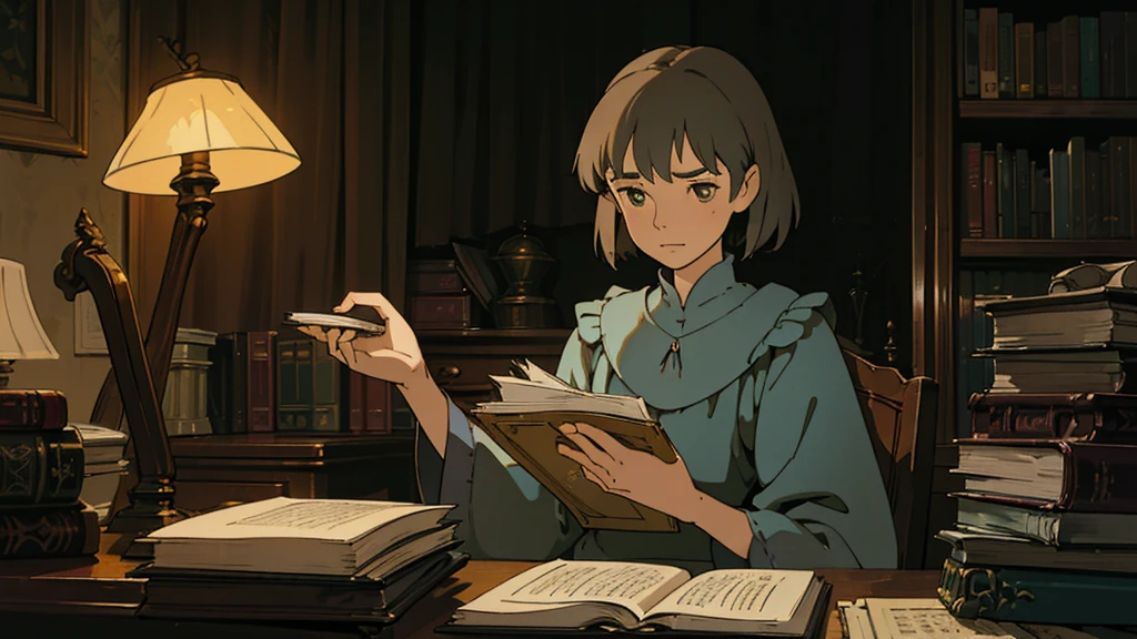 A girl, ensconced in a cozy corner on a rainy evening, sits surrounded by a jumble of books with an intensely profound study attitude. The soft yellow glow of the desk lamp illuminates her thoughtful expression, revealing her deep concentration and composed posture. Her inquisitive eyes dart back and forth between the pages, her nimble fingers turning them with subtle tilt, as she absorbs the old world wisdom contained within. The timeworn margins and sultry aura of the books add to the quiet night ambiance, creating a peaceful and tranquil countenance. This scholarly young woman, clad in plain attire, appears to be a seeker of knowledge and intellect