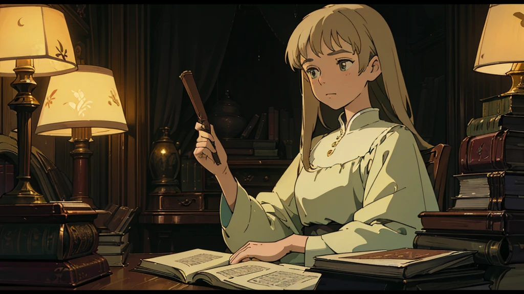 A girl, ensconced in a cozy corner on a rainy evening, sits surrounded by a jumble of books with an intensely profound study attitude. The soft yellow glow of the desk lamp illuminates her thoughtful expression, revealing her deep concentration and composed posture. Her inquisitive eyes dart back and forth between the pages, her nimble fingers turning them with subtle tilt, as she absorbs the old world wisdom contained within. The timeworn margins and sultry aura of the books add to the quiet night ambiance, creating a peaceful and tranquil countenance. This scholarly young woman, clad in plain attire, appears to be a seeker of knowledge and intellect