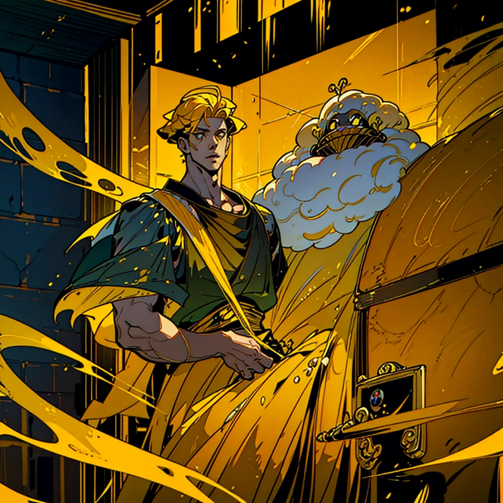 1boy, alone, 25 years old, young, yellow hair, golden eyes, insister sur les reflets des yeux dorés, cheveux blonds, mid lenght hair, boss, formal business outfit, yellow outfit, yellow clothes, black suspenders, arrogant look, hades style, hades game, Jen zee style, bureaucratic themed, workhaholic, yellow themed image, yellow furniture, mustard touches of color, mustard colored walls, kim goo character, kim goo inspiration, kim goo lookism, kim goo manager kim, looking at viewer, flower of the cult vagabondart1 style, khoffi art style, khoffi style