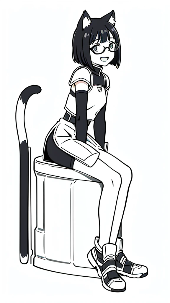 (1girl,14 years old,teen),3k,hd,Sliced bob hair,solo,white armor, black glasses,black hair,cat ears,(white background,line drawing),open mouth,happy,smile,talking,from side, sitting,full body,