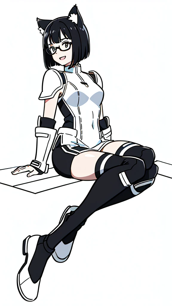 (1girl,14 years old,teen),3k,hd,Sliced bob hair,solo,white armor, black glasses,black hair,cat ears,(white background,line drawing),open mouth,happy,smile,talking,from side, sitting,full body,