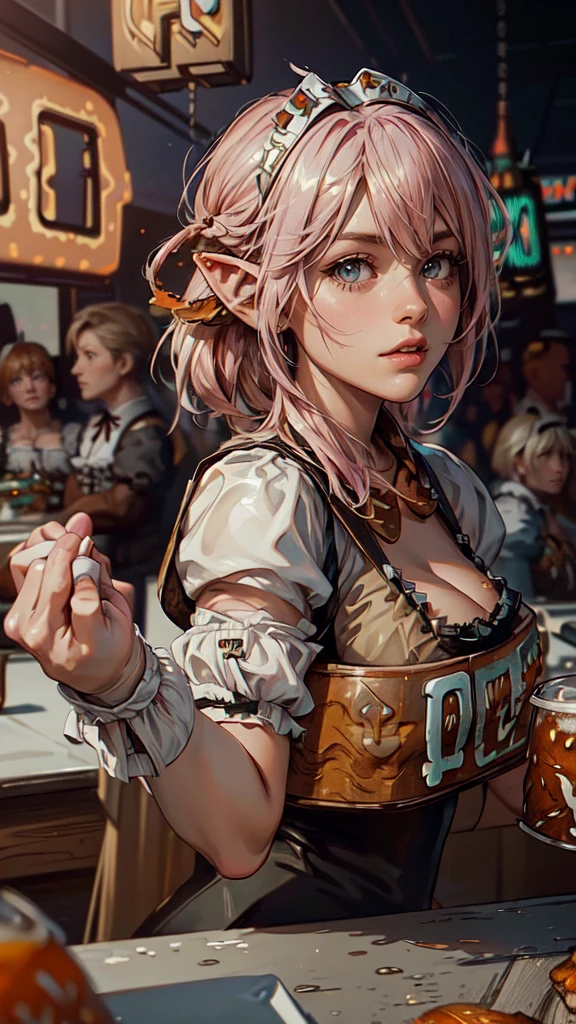(YoRHa 2B, 2B, One Girl, alone, Big swinging bust:1.3), complicated, elegant, Very detailed, Digital Painting, artステーション, コンセプトart, Smooth, Sharp focus, shape, artジャム、Greg Rutkowski、Alphonse Mucha、William Adolphe Bouguereau、art:Stephanie Law , nature, Full Shot, Symmetric, Greg Rutkowski, Charlie Bowwater, beep, Unreal 5, Surreal, Dynamic Lighting, ファンタジーart, (hooters, Oktoberfest, waitress:1.7),elf with, pink hair, and cat eyars, swettt, detailed eyes, detailed hands, detailed face