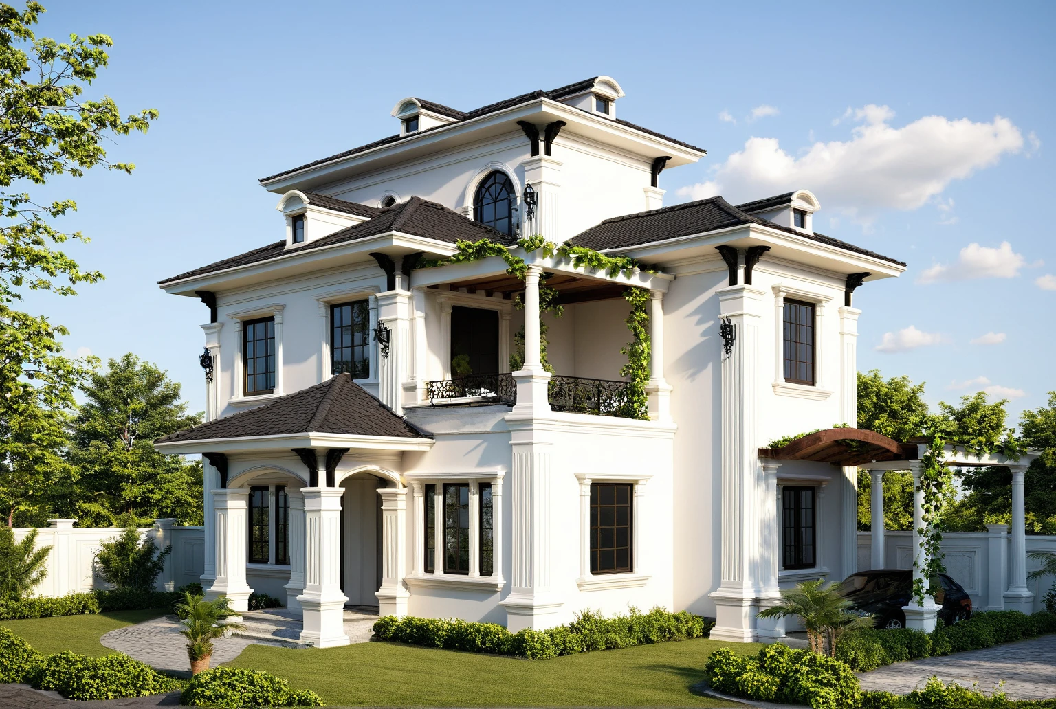 neoclassic house, exterior design, (white wall:1.3), Pair of Italian Neo-Classic Style White Railings, (hip and valley roof), Neoclassical design with complete detailed motifs, Neoclassical design completes the house with the most complete plan of facades and corners around the house, (emphasis on neo-white details), (reflection glass Tree shadow scattering), window, (focus on object), exterior design, perspective view, (white wall), (fence reverse lights), (Warm LED 4000k white tone, Clean and comfortable, timeless, making the space appear clear, (architectural design visualization), (focus on object), (material normal bump real reflection), (chao vantage software visualization render),(((Best Quality))), ((Masterpiece)), ((best illustration)), ((best shadows)), ((Super Detail)), (Intricate lines), (Photorealism),(hyper detail), ((archdaily)), ((award winning design)), (dynamic light), ((dawn sun light )), (perfect light), (shimering light), ((photorealistic)), ((intricate detail)), ((extreme detail)), ((crazy detail)), ((octane render)), ((trending on artstation)), ((High-fidelity)), ((Viwvid)), ((Crisp)), ((Eye-catching)), ((High-quality)),((Sharp)), (dawn sun environment)), ((Eye-catching)), ((Illuminating)), ((Flawless)), ((High-quality)),((Sharp edge render)), ((medium soft lighting)), ((photographic render)), ((detailed archviz)), ((reality environment)), (neoclassic house design architectural design facade), (neoclassic house facade roof design), (neoclassic house facade wall design), (neoclassic house facade decoration material design) (neoclassic house facade door and window design), (neoclassic house facade lighting design),  (Neoclassical house material design motif), (level of photo realism, depends on lighting, materials, composition, Real-Time Rendering, based on chao vantage timage rendering graphics software)