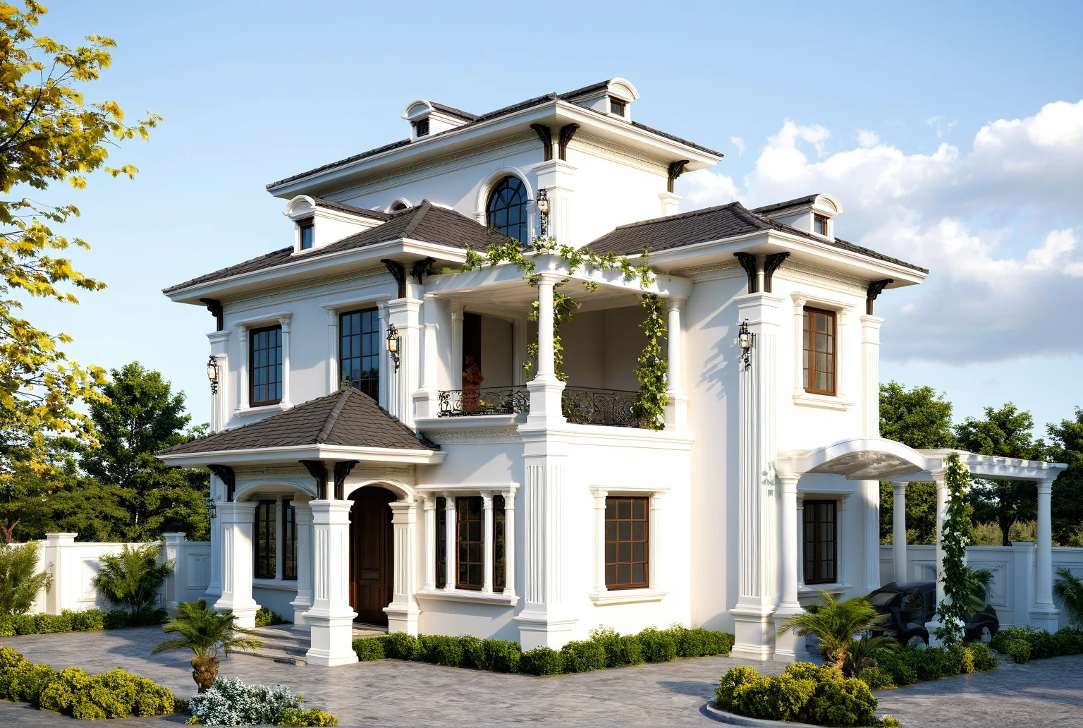 neoclassic house, exterior design, (white wall:1.3), Pair of Italian Neo-Classic Style White Railings, (hip and valley roof), Neoclassical design with complete detailed motifs, Neoclassical design completes the house with the most complete plan of facades and corners around the house, (emphasis on neo-white details), (reflection glass Tree shadow scattering), window, (focus on object), exterior design, perspective view, (white wall), (fence reverse lights), (Warm LED 4000k white tone, Clean and comfortable, timeless, making the space appear clear, (architectural design visualization), (focus on object), (material normal bump real reflection), (chao vantage software visualization render),(((Best Quality))), ((Masterpiece)), ((best illustration)), ((best shadows)), ((Super Detail)), (Intricate lines), (Photorealism),(hyper detail), ((archdaily)), ((award winning design)), (dynamic light), ((dawn sun light )), (perfect light), (shimering light), ((photorealistic)), ((intricate detail)), ((extreme detail)), ((crazy detail)), ((octane render)), ((trending on artstation)), ((High-fidelity)), ((Viwvid)), ((Crisp)), ((Eye-catching)), ((High-quality)),((Sharp)), (dawn sun environment)), ((Eye-catching)), ((Illuminating)), ((Flawless)), ((High-quality)),((Sharp edge render)), ((medium soft lighting)), ((photographic render)), ((detailed archviz)), ((reality environment)), (neoclassic house design architectural design facade), (neoclassic house facade roof design), (neoclassic house facade wall design), (neoclassic house facade decoration material design) (neoclassic house facade door and window design), (neoclassic house facade lighting design),  (Neoclassical house material design motif), (level of photo realism, depends on lighting, materials, composition, Real-Time Rendering, based on chao vantage timage rendering graphics software)