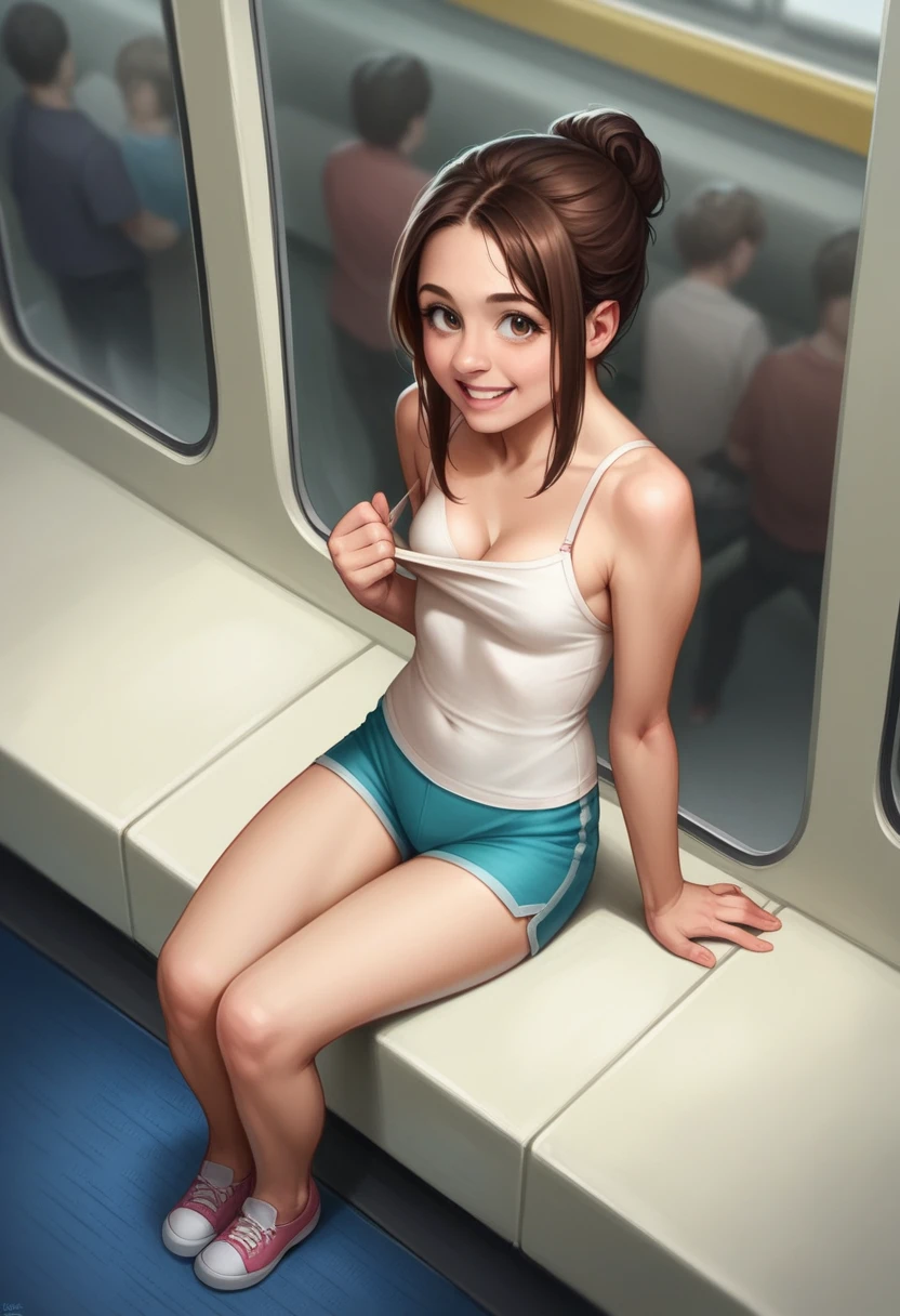 highest quality,High resolution, 8K, cute teenage girl, Cute ponytail, perfect skin, small breasts, sailor suit, In a crowded train, (small breasts:1.4), (topless:1.3), nipples, (hairy pubes),