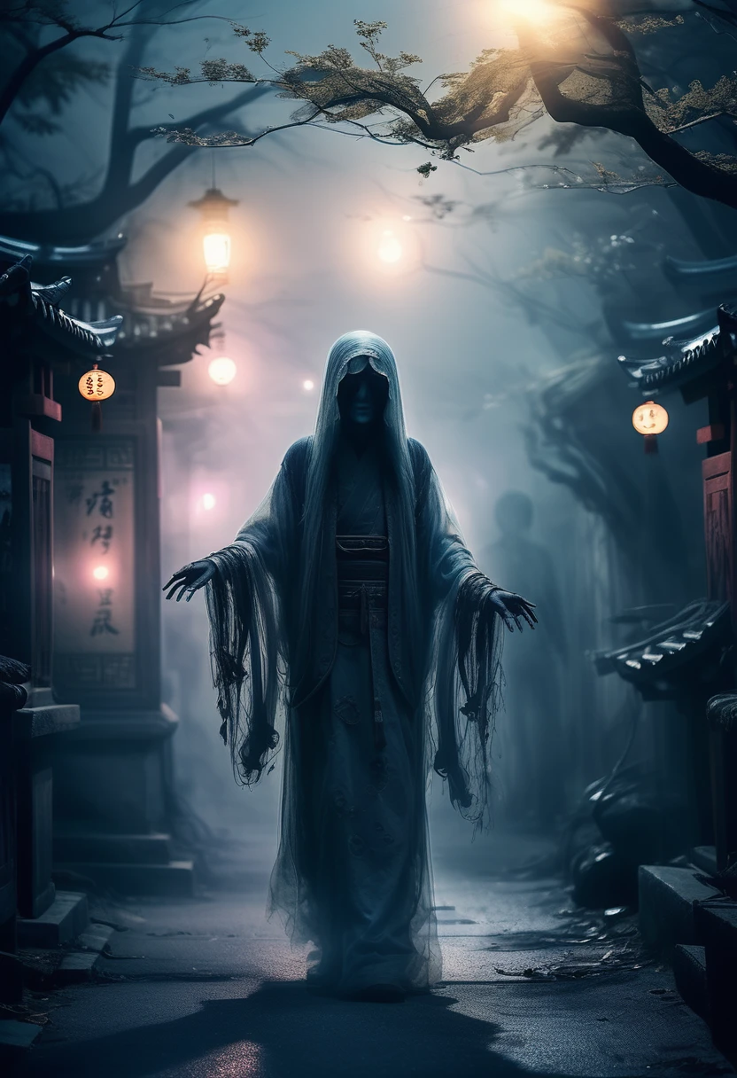 Chinese Ghost Festival,Zhongyuan Universe,ghostly breath,Night street chiaroscuro,Detailed depiction of eerie tree branch texture,Transparent ghosts float in the smoke,Lanterns hanging from trees,There are flowers on it, shaded lighting,background bokeh,depth of field,soft light,aesthetic lighting, dim light,peaceful yet scary atmosphere,Mysterious and dark,Detailed lighting effects,Soft color transitions,Weird place,foggy, Dislocation of space-time,reincarnation flip。 Turn things upside down,The sun and moon have no light, Confusing and absurd,Nightmares again and again。 Mysterious and unreal,Phantoms, gothic shadow,shrouded in all directions。 cyberpunk, the dark forest,Heterogeneous space, Hidden countless unknown secrets,Forgotten souls wandering in the night。