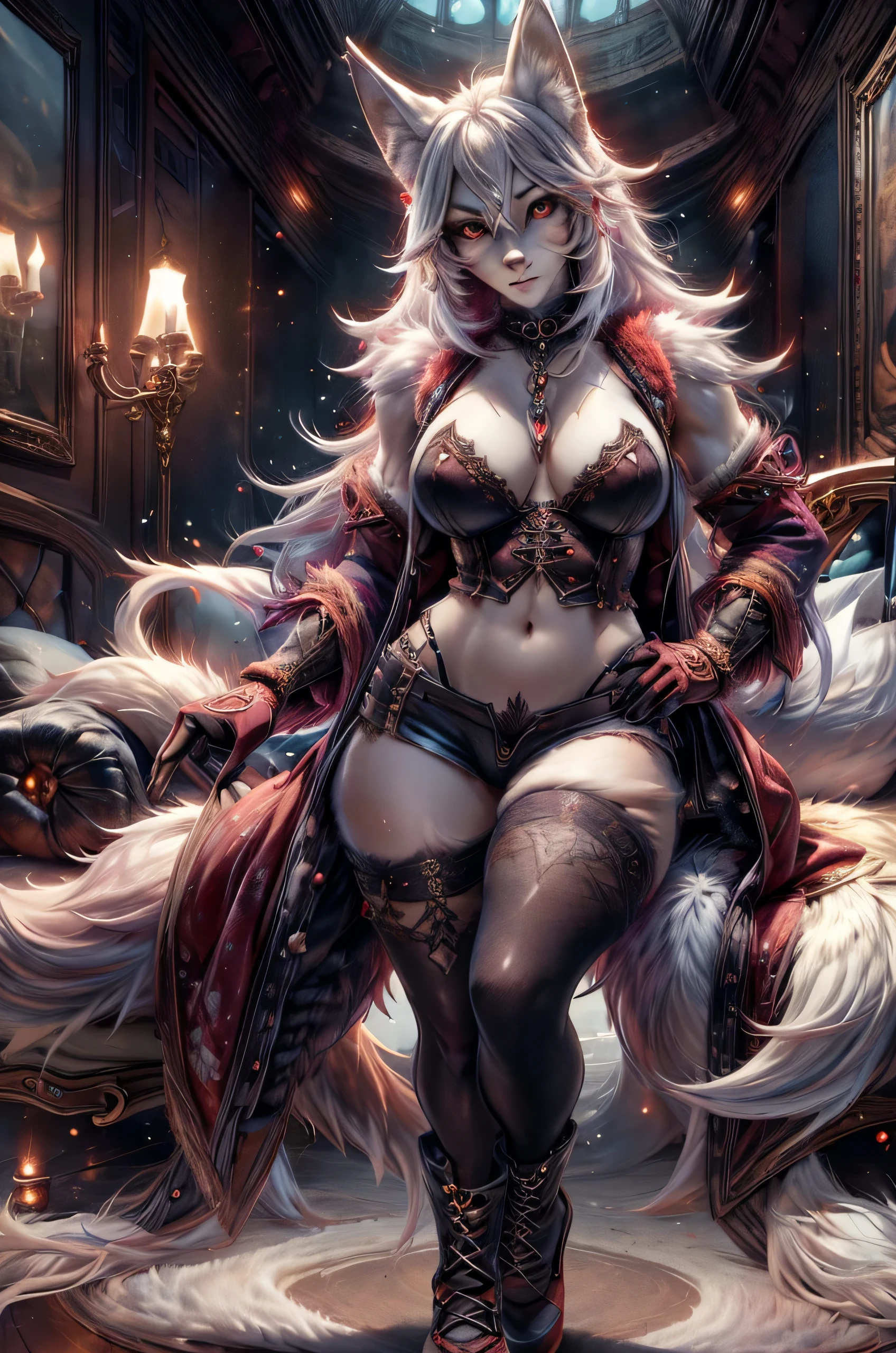 [best quality, shaded, extreme detail, highly detailed, ultra detailed, intricate, realistic, perfect , full view], wolf woman, fluffy fur and hair, colorful fur, fluffy tail, fur glove, fur vest, navel, gothic style, fur tights, fur shoes,
