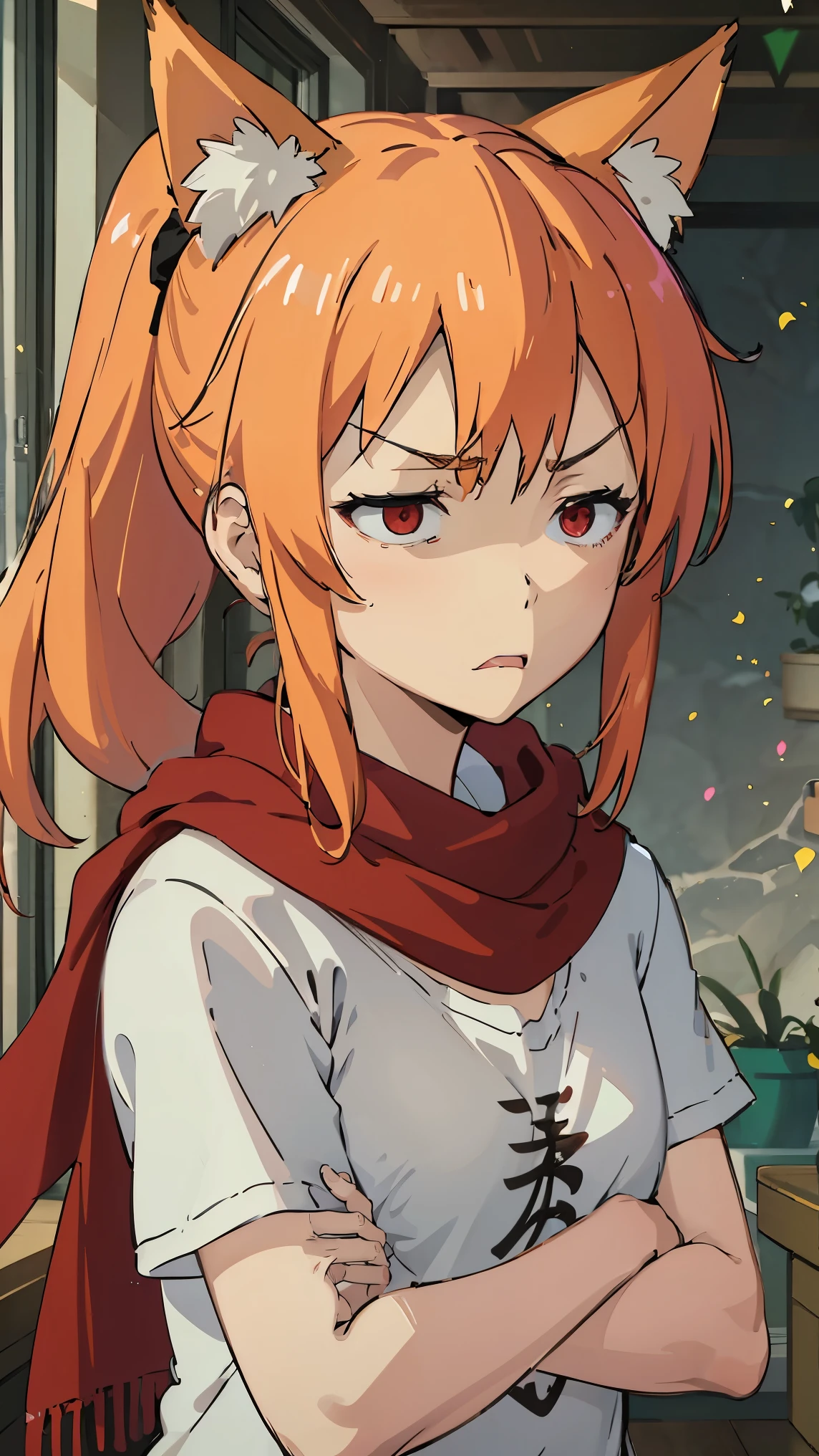 1girl, v-shaped eyebrows, wild ponytail hair, red scarf, orange hair, red eyes, fox ears, small breast, annoyed face, wallpaper, landscape, depth of field, morning, living room, glance left, crossed arms, light particles, light rays, sidelighting, (black t-shirt),  