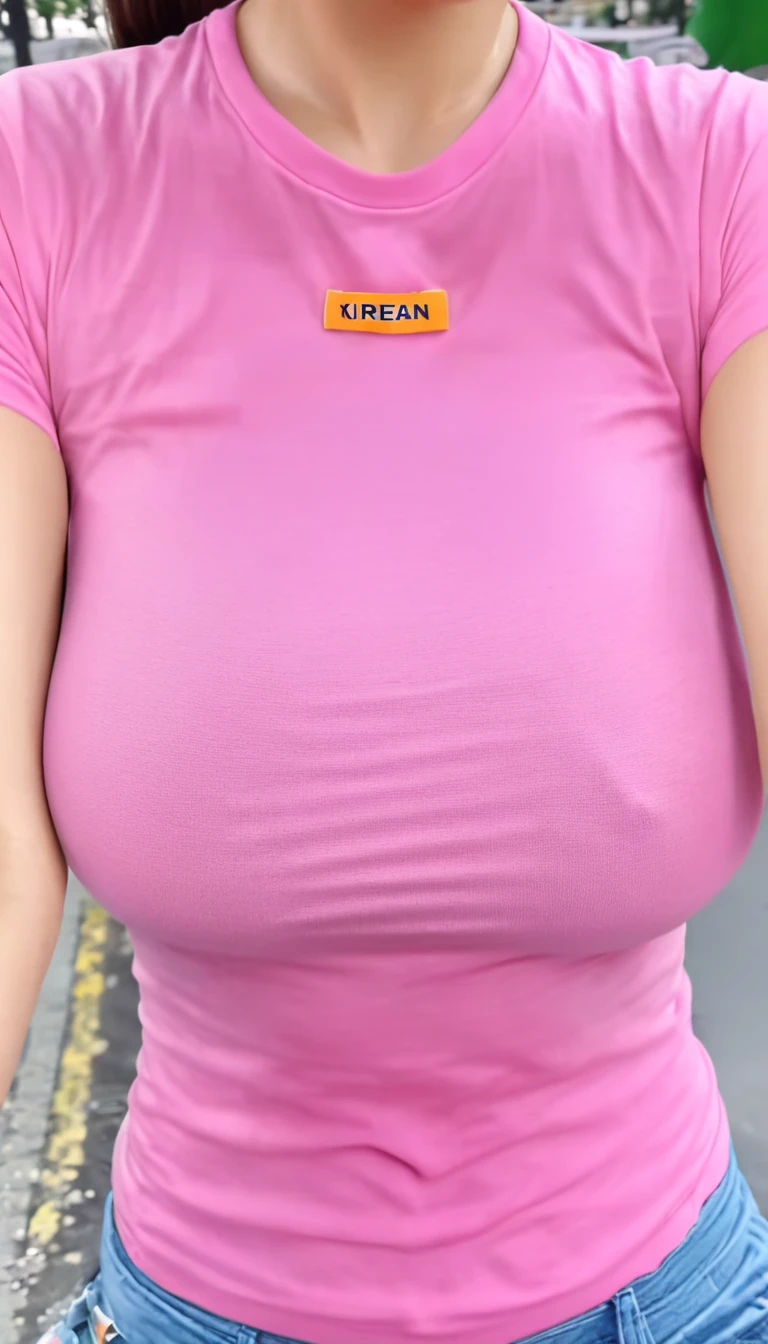 close-up of beautiful korean female, 34 inch breasts size, wearing pink and orange t-shirt, painting brush, on the street, UHD