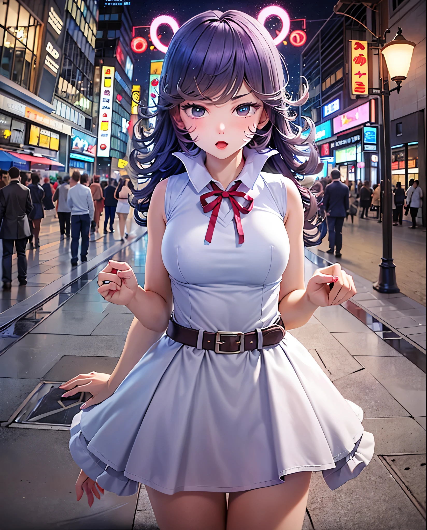 score_9, score_8_up, score_7_up, source_anime BREAK 1girl, pov, Komi Shouko, hypnosis, standing, street at night, heart-shaped pupils, swept bangs, dress, belt, brainwashed, blush, looking at viewer, thigh gap, phone, heart, eye symbol, purple hair, rating_questionable