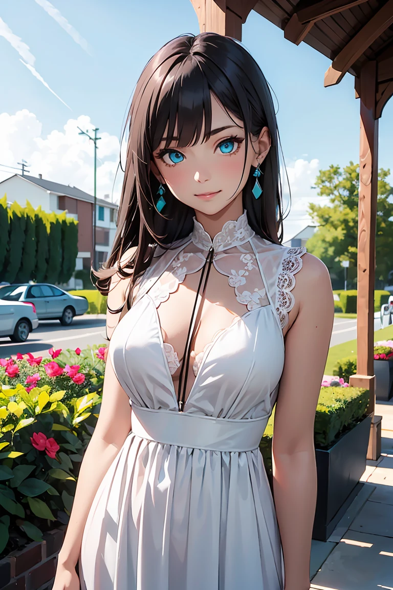 ((1 Girl)), Latest Trends in Clothing, sharp expression, White dress with lace, Shorn bangs, garden, Cowboy Shot,((Very detailed,Highest quality, High resolution, 8k wallpaper, Beautiful clothes,)),((Black Hair, Shortcuts,Straight hair)) , (teeth), Grinning face, eye shadow, eyeliner,Glowing Eyes, Very detailed目, Clear Eyes, Beautiful Eyes, ((Sparkling aqua blue eyes)),18-year-old girl.