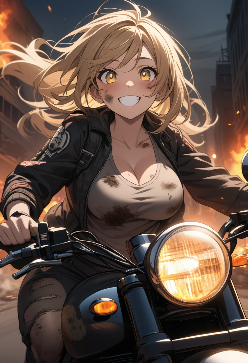 Golden hair, golden eyes with black pupils, woman, cruiser motorcycle, big chest, motorcycle goggles, happy, big smile, dirty, burning city at night, zombie apocalypse, tattered black streetwear, speeding, highly detailed, perfect eyes, well defined eyes, highly detailed eyes, expressive eyes