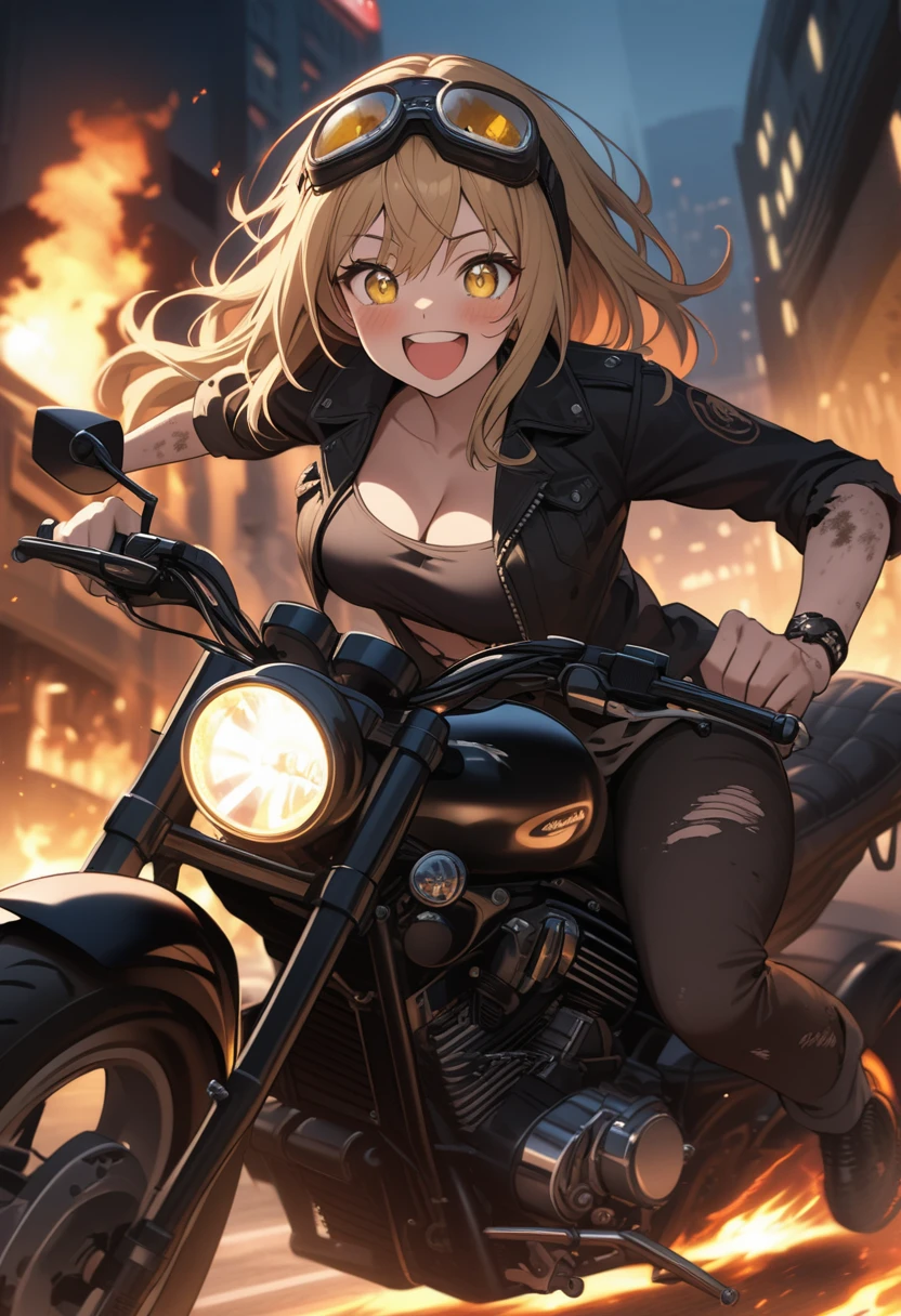 Golden hair, golden eyes with black pupils, woman, cruiser motorcycle, big chest, motorcycle goggles, happy, big smile, dirty, burning city at night, zombie apocalypse, tattered black streetwear, speeding, highly detailed, perfect eyes, well defined eyes, highly detailed eyes, expressive eyes