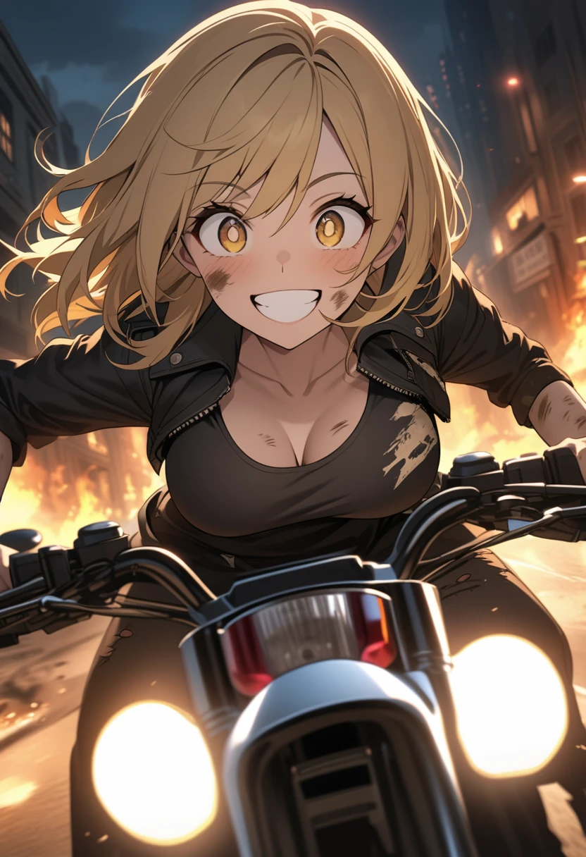 Golden hair, golden eyes with black pupils, woman, cruiser motorcycle, big chest, motorcycle goggles, happy, big smile, dirty, burning city at night, zombie apocalypse, tattered black streetwear, speeding, highly detailed, perfect eyes, well defined eyes, highly detailed eyes, expressive eyes