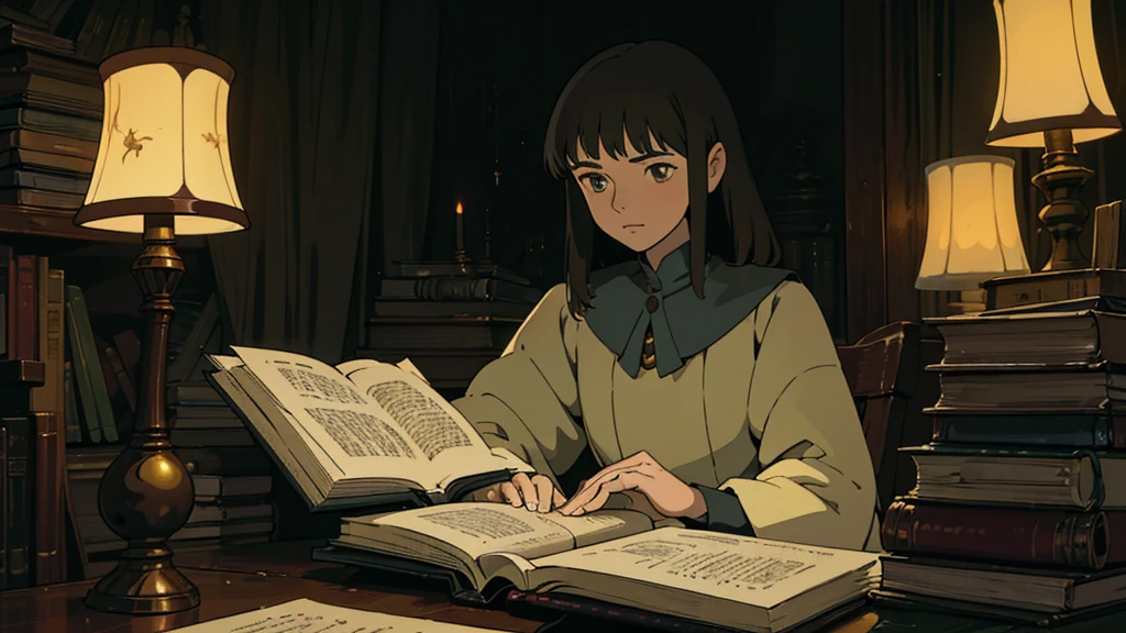 A girl, ensconced in a cozy corner on a rainy evening, sits surrounded by a jumble of books with an intensely profound study attitude. The soft yellow glow of the desk lamp illuminates her thoughtful expression, revealing her deep concentration and composed posture. Her inquisitive eyes dart back and forth between the pages, her nimble fingers turning them with subtle tilt, as she absorbs the old world wisdom contained within. The timeworn margins and sultry aura of the books add to the quiet night ambiance, creating a peaceful and tranquil countenance. This scholarly young woman, clad in plain attire, appears to be a seeker of knowledge and intellect