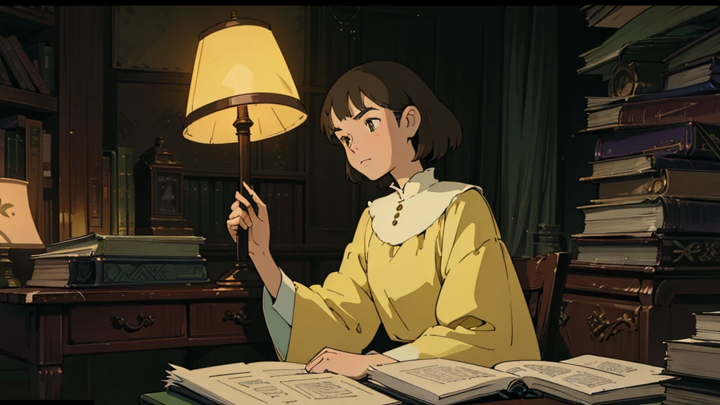 A girl, ensconced in a cozy corner on a rainy evening, sits surrounded by a jumble of books with an intensely profound study attitude. The soft yellow glow of the desk lamp illuminates her thoughtful expression, revealing her deep concentration and composed posture. Her inquisitive eyes dart back and forth between the pages, her nimble fingers turning them with subtle tilt, as she absorbs the old world wisdom contained within. The timeworn margins and sultry aura of the books add to the quiet night ambiance, creating a peaceful and tranquil countenance. This scholarly young woman, clad in plain attire, appears to be a seeker of knowledge and intellect