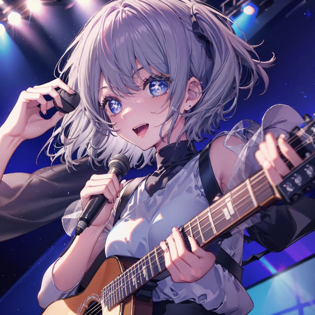 (((1 person Gray Hair dress singer blue eyes))) ((High resolution short hair 青いdress Black Skirt Rin々Funny face)) ((Close-up)) ((Open your mouth Shining Aura On stage Guitar solo)) (smile Exposure to blue light) Shining Background Shining Edge