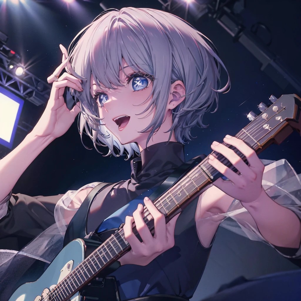 (((1 person　Gray Hair　dress　singer　blue eyes)))　((High resolution　short hair　青いdress　Black Skirt　Rin々Funny face))　((Close-up))　((Open your mouth　Shining Aura　On stage　Guitar solo))　(smile　Exposure to blue light)　Shining Background　Shining Edge