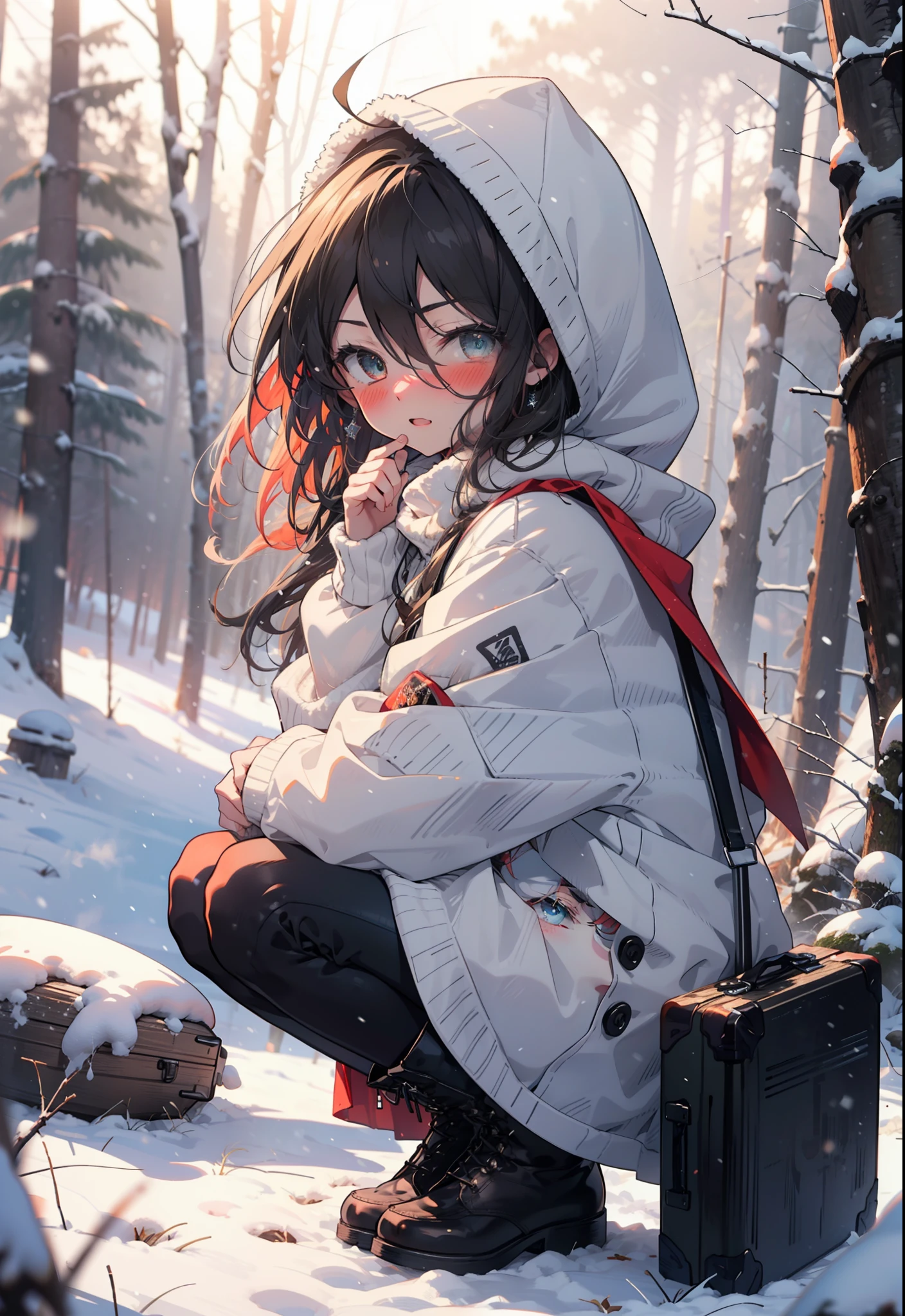 Shana,灼眼のShana,Long Hair, Redhead, Red eyes,Ahoge,,smile,blush,White Breath,
Open your mouth,snow,Ground bonfire, Outdoor, boots, snowing, From the side, wood, suitcase, Cape, Blurred, , forest, White handbag, nature,  Squat, Mouth closed, Cape, winter, Written boundary depth, Black shoes, red Cape break looking at viewer, Upper Body, whole body, break Outdoor, forest, nature, break (masterpiece:1.2), Highest quality, High resolution, unity 8k wallpaper, (shape:0.8), (Beautiful and beautiful eyes:1.6), Highly detailed face, Perfect lighting, Highly detailed CG, (Perfect hands, Perfect Anatomy),