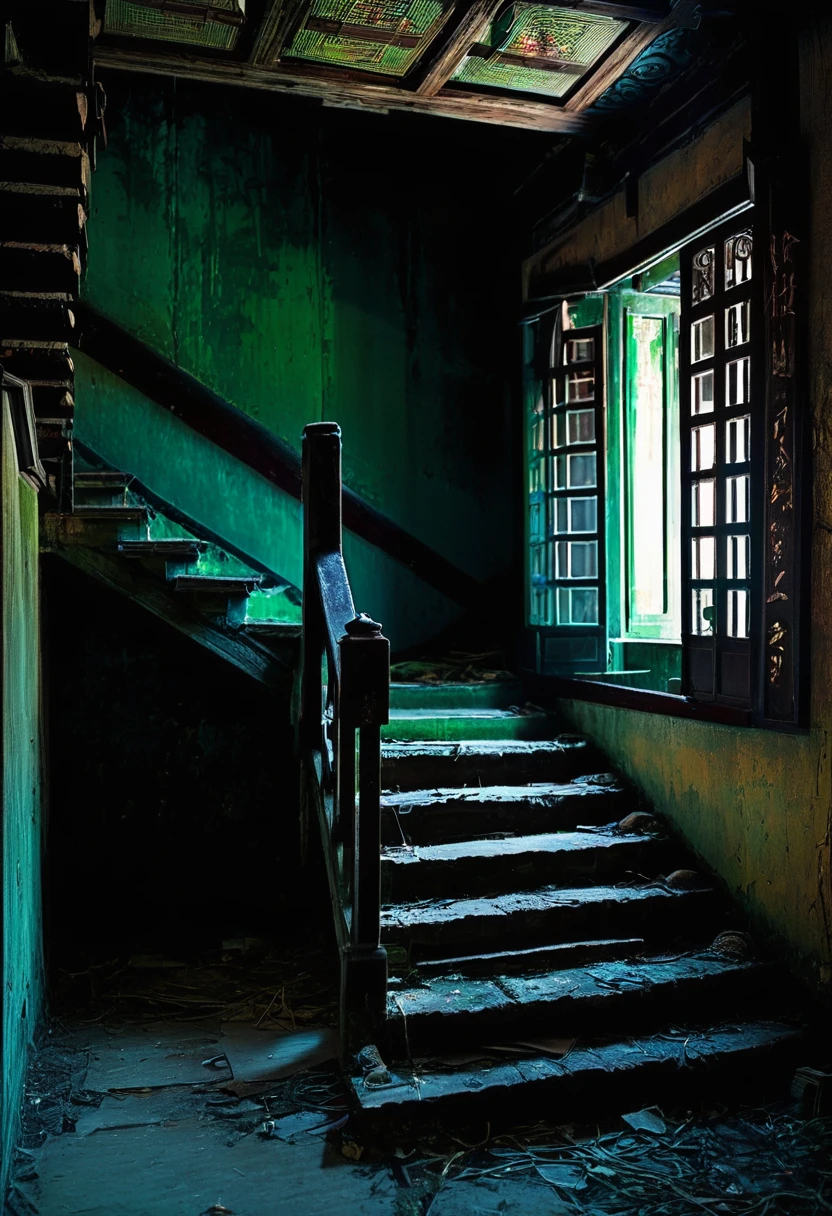 A hauntingly beautiful image of an old, abandoned Asian house with a dimly lit, narrow staircase. The staircase leads to darkness, with only a single broken fluorescent warm light lamp, dimly light. At the base of the stairs lies a broken, dirty doll, seemingly abandoned and forgotten. The atmosphere is eerie and unsettling, with an air of dark fantasy and an overall luminal style. The cinematic quality of the photo adds to the haunting ambiance, as if it's a scene from a horror film., cinematic, dark fantasy, photo
