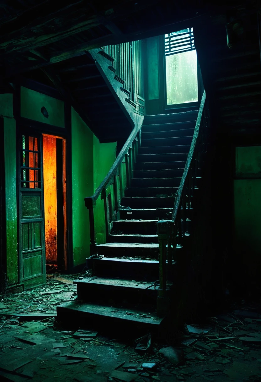 A hauntingly beautiful image of an old, abandoned Asian house with a dimly lit, narrow staircase. The staircase leads to darkness, with only a single broken fluorescent warm light lamp, dimly light. At the base of the stairs lies a broken, dirty doll, seemingly abandoned and forgotten. The atmosphere is eerie and unsettling, with an air of dark fantasy and an overall luminal style. The cinematic quality of the photo adds to the haunting ambiance, as if it's a scene from a horror film., cinematic, dark fantasy, photo