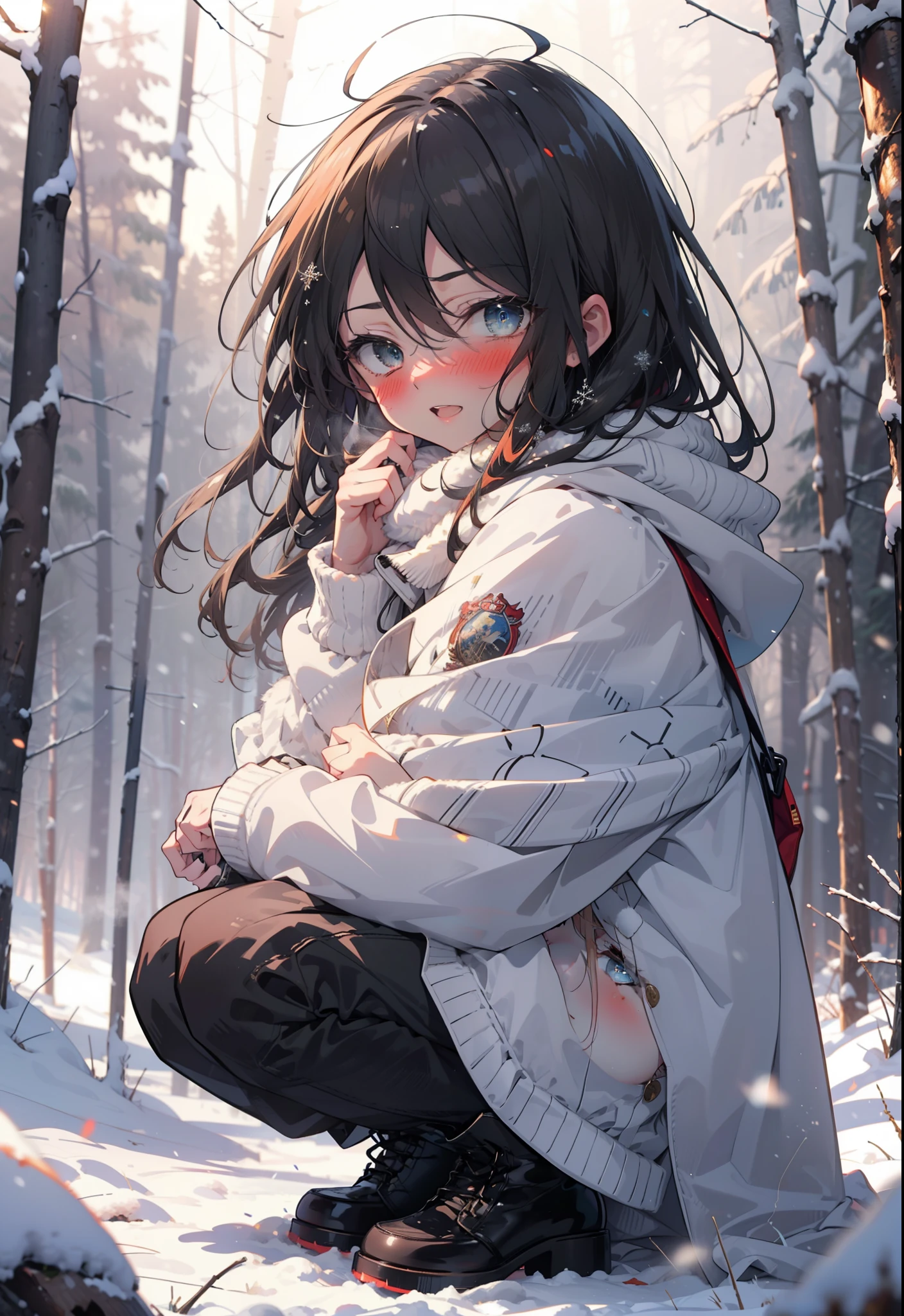 Shana,灼眼のShana,Long Hair, Redhead, Red eyes,Ahoge,,smile,blush,White Breath,
Open your mouth,snow,Ground bonfire, Outdoor, boots, snowing, From the side, wood, suitcase, Cape, Blurred, , forest, White handbag, nature, Squat, Mouth closed, Cape, winter, Written boundary depth, Black shoes, red Cape break looking at viewer, Upper Body, whole body, break Outdoor, forest, nature, break (masterpiece:1.2), Highest quality, High resolution, unity 8k wallpaper, (shape:0.8), (Beautiful and beautiful eyes:1.6), Highly detailed face, Perfect lighting, Highly detailed CG, (Perfect hands, Perfect Anatomy),
