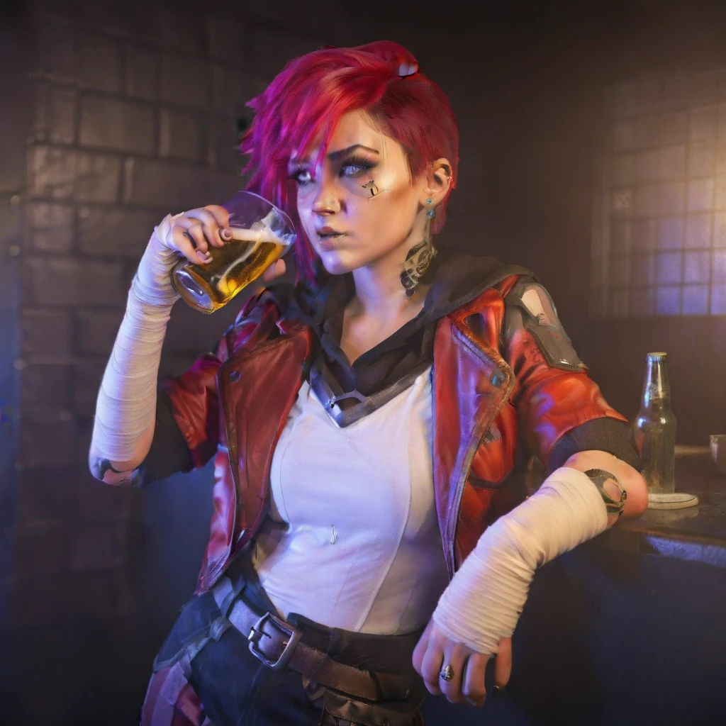 a woman with pink hair, ((((text ''VI''))), nose ring, red leather jacket, drinking a beer in a pub, cyberpunk background