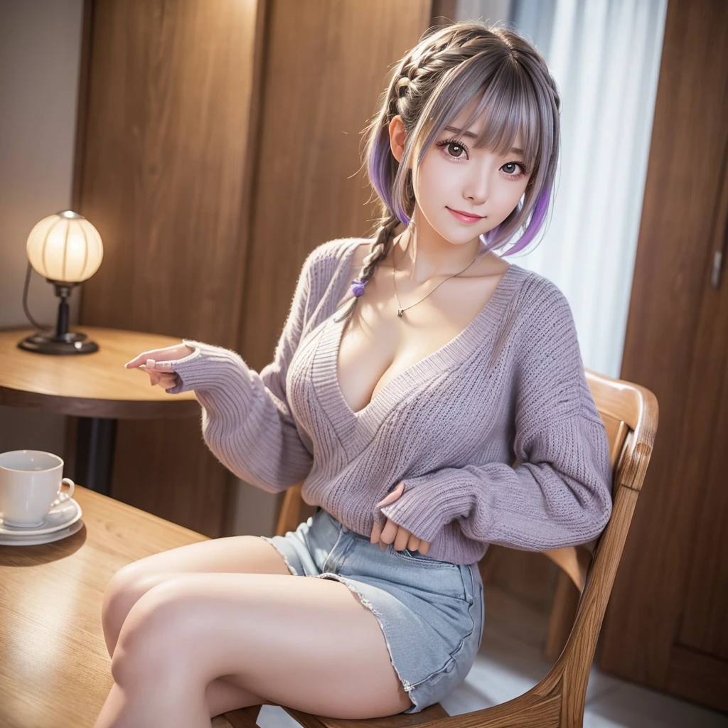 The best images, portrait, cute woman, Happy, shy, Ash gray shiny braided bangs rainbow colored short hair, big lilac eyes, huge breasts, great proportion, Brown fluffy sweater, sitting, breasts are on the table, background, room, Chair, table, professional lighting, anime, manga, figure, cleavage cutout 