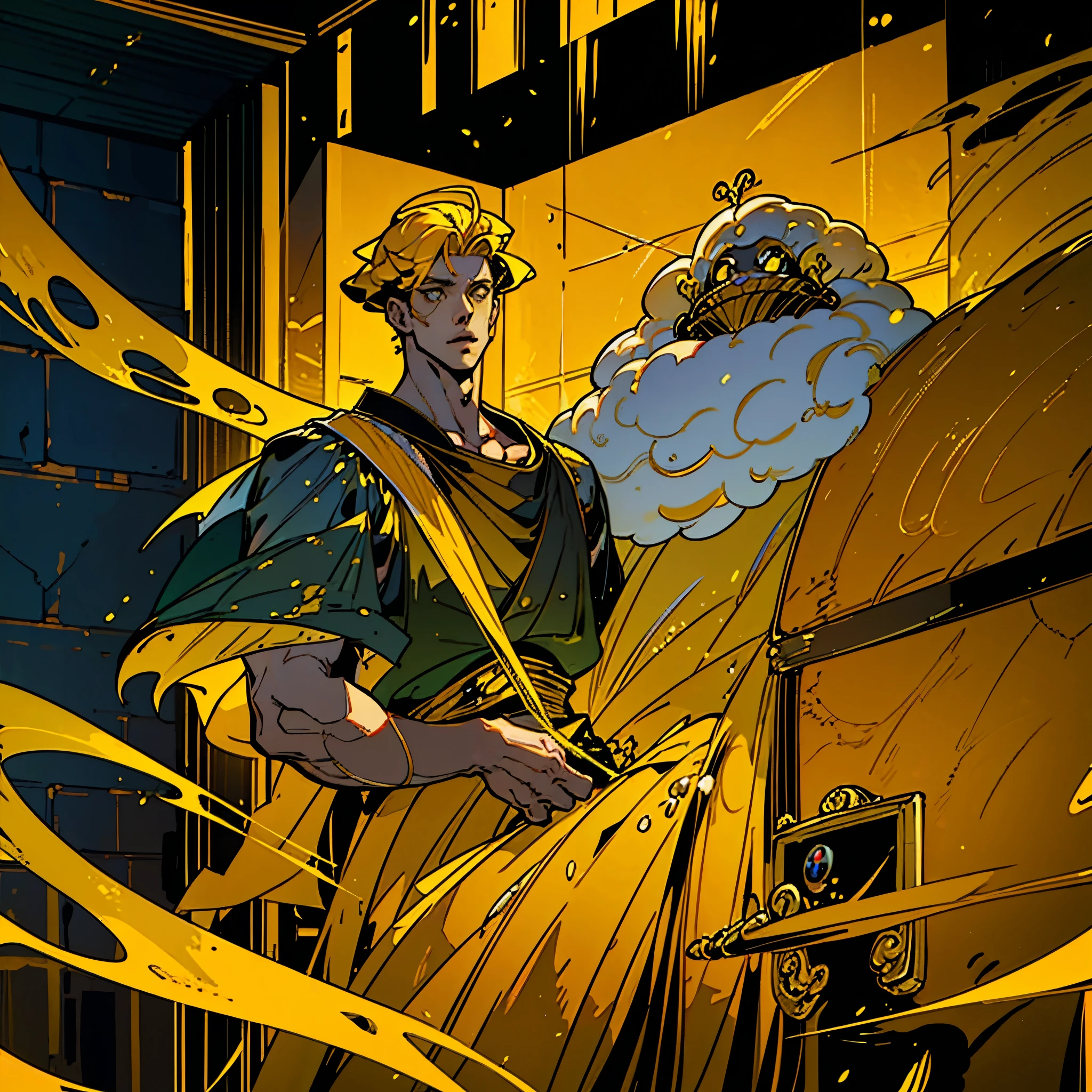 1boy, alone, 25 years old, young, yellow hair, golden eyes, insister sur les reflets des yeux dorés, cheveux blonds, mid lenght hair, boss, formal business outfit, yellow outfit, yellow clothes, black suspenders, arrogant look, hades style, hades game, Jen zee style, bureaucratic themed, workhaholic, yellow themed image, yellow furniture, mustard touches of color, mustard colored walls, kim goo character, kim goo inspiration, kim goo lookism, kim goo manager kim, looking at viewer, flower of the cult vagabondart1 style, khoffi art style, khoffi style