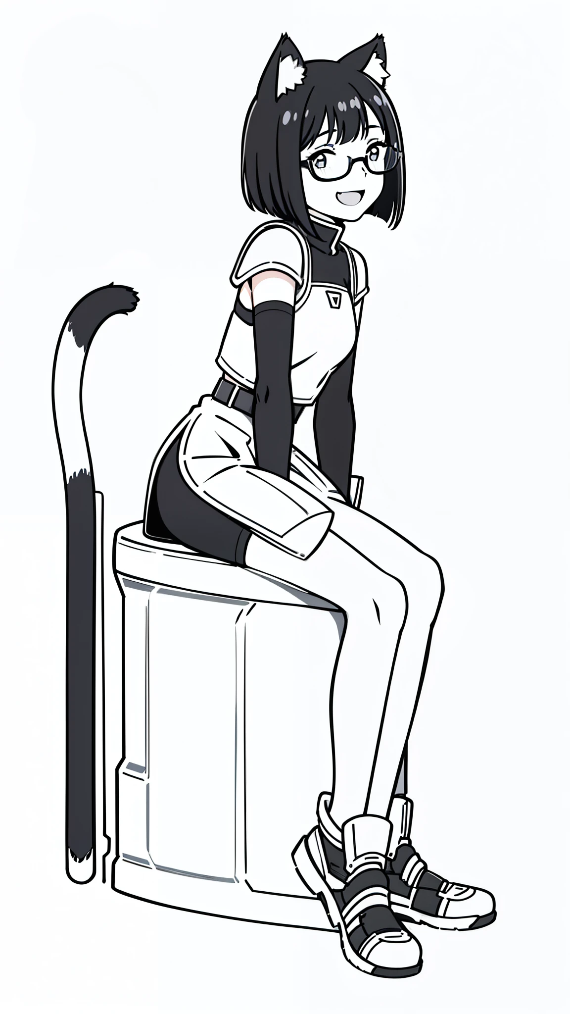 (1girl,14 years old,teen),3k,hd,Sliced bob hair,solo,white armor, black glasses,black hair,cat ears,(white background,line drawing),open mouth,happy,smile,talking,from side, sitting,full body,