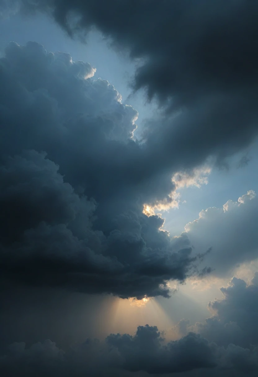 sky in gradient from dark to light blue, (sun above shining), (black and threatening clouds below), (realistic), (digital painting), (high resolution), (ultra-detailed), (masterpiece quality), 