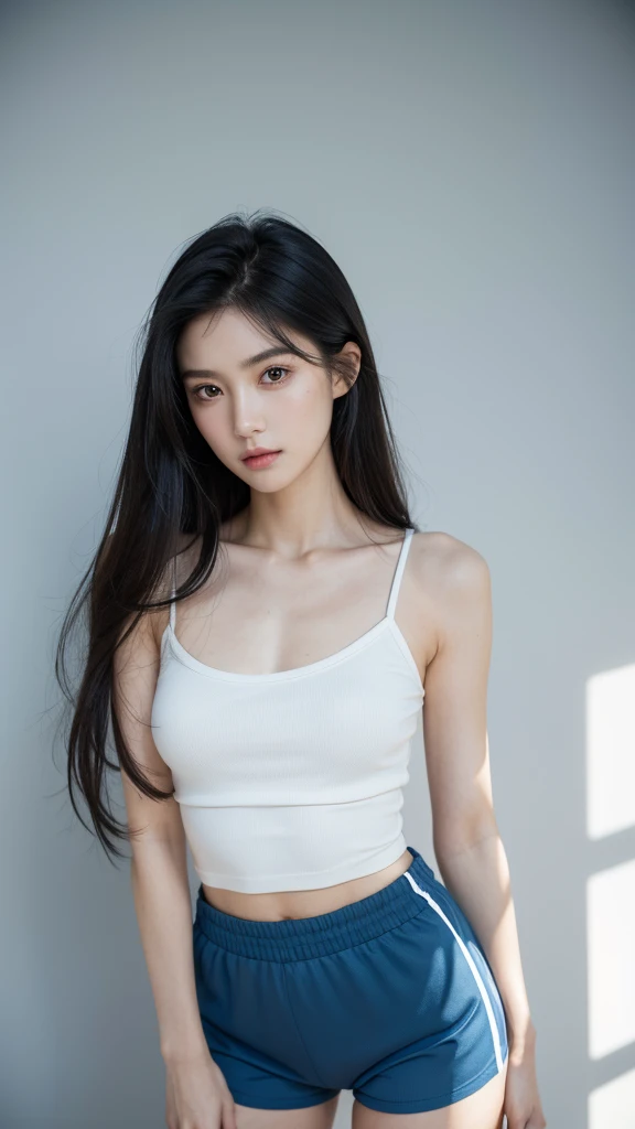 Quiet,Light makeup,Sexy,Peerless Beauty,Intellectual,clavicle,Neat long hair,Black Hair,Delicate face,Exquisite facial features,Natural expression,Natural eyes,sexy blue sports shorts