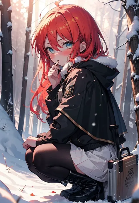 shana,灼眼のshana,long hair, redhead, red eyes,ahoge,,smile,blush,white breath,
open your mouth,snow,ground bonfire, outdoor, boots...