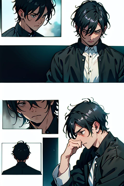  Guy with short black hair crying tears, intense detailed scenes, manga page with panels and dialogue    