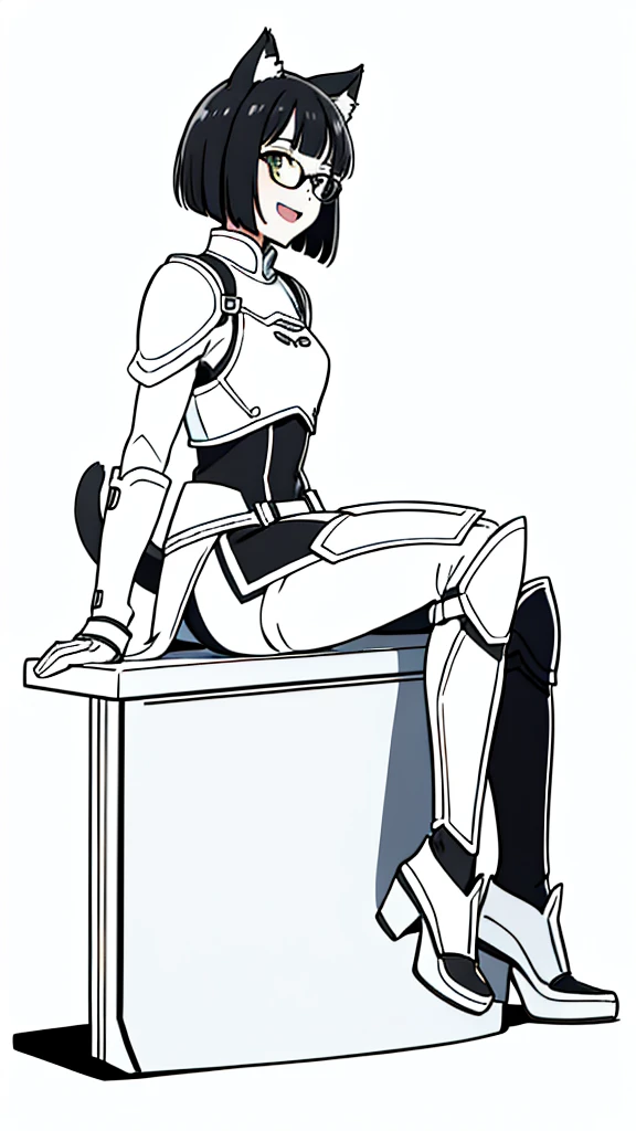 (1girl,14 years old,teen),3k,hd,Sliced bob hair,solo,white armor, black glasses,black hair,cat ears,(white background,line drawing),open mouth,happy,smile,talking,from side, sitting,full body,