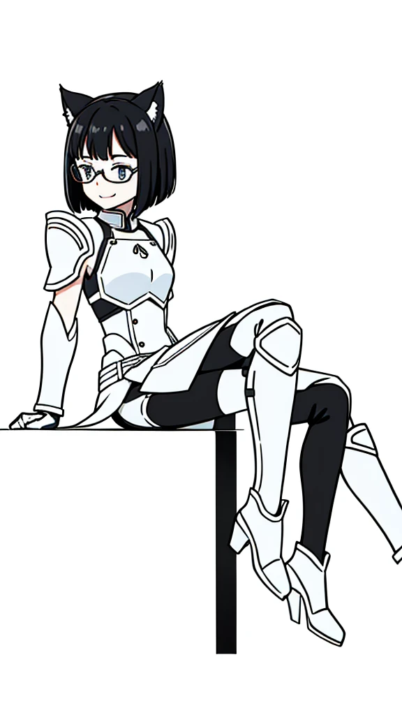 (1girl,14 years old,teen),3k,hd,Sliced bob hair,solo,white armor, black glasses,black hair,cat ears,(white background,line drawing),open mouth,happy,smile,talking,from side, sitting,full body,