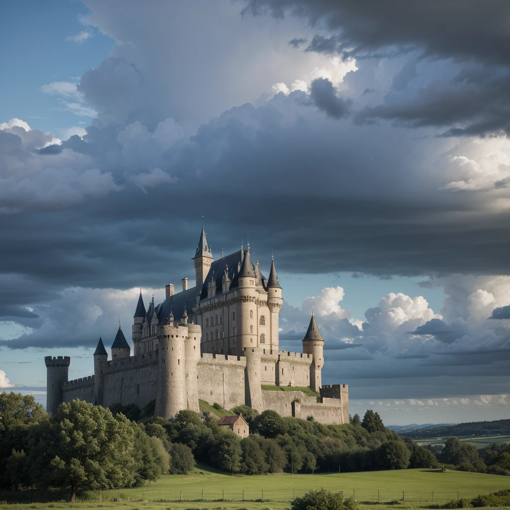 Medieval castle in the distance, cloudy sky