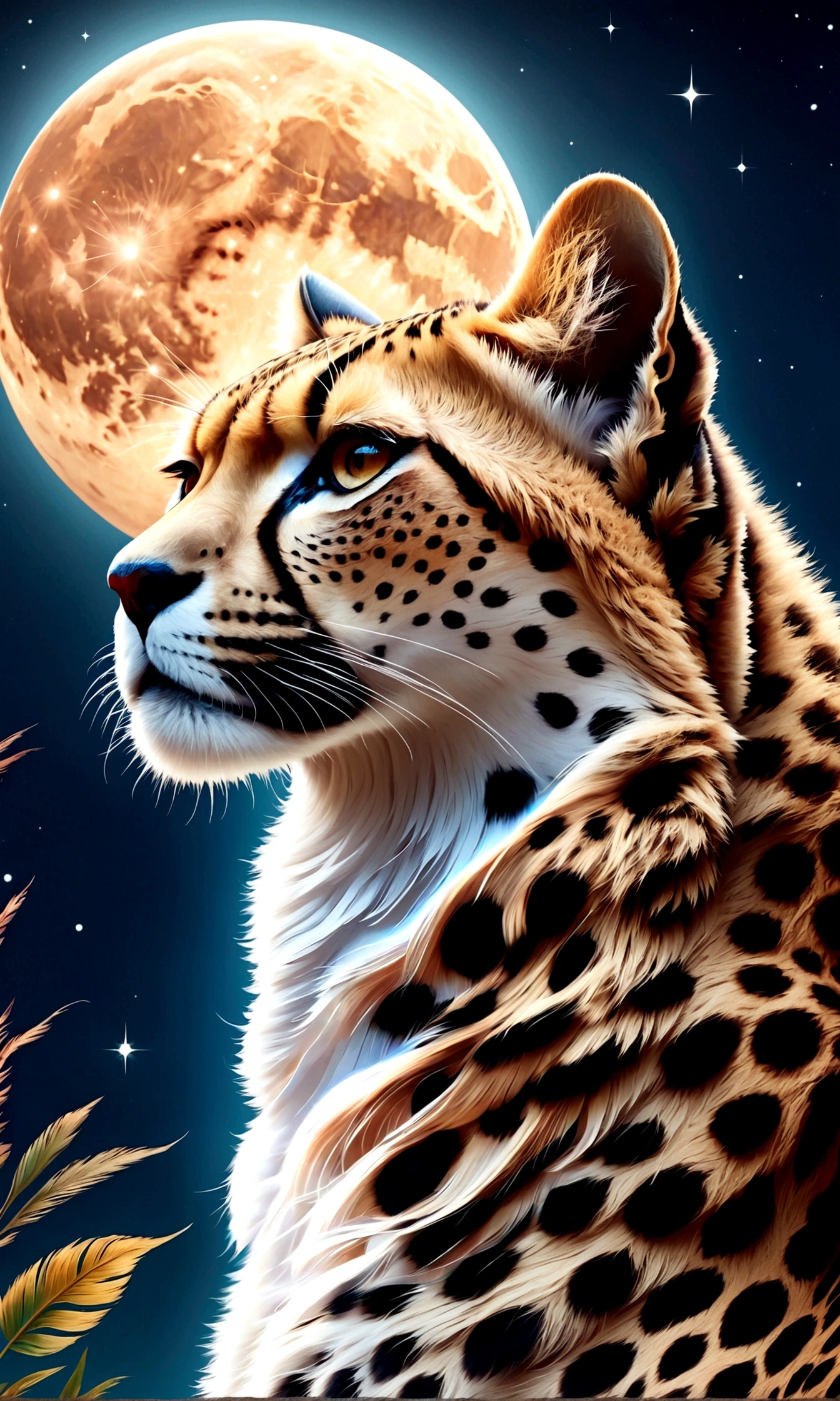 Fixes,毛皮のFixes,((Drawing a savannah landscape under the moon)),A cheetah looking up at the sky,This is a scene that rose from the depths of sadness and despair.,The theme is "A night of sad and beautiful memories",Match the overall atmosphere of the painting to the theme,starry skies,stardust,savannah night,Sparkling,anatomically correct,perfect anatomy,Intricate details,Wide range of colors,artwork,rendering,(masterpiece:1.3),(highest quality:1.4),(Super detailed:1.5),High resolution,Very detailed,unity 8k wallpaper,Decadent,wind