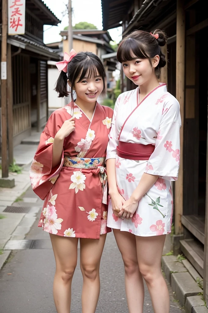 2 girls standing in old-Japanese street,floral pink yukata with red obi,18-year-old,bangs,a little smile,thighs,knees,short hair and low pigtails with red ribbon bow,from before,front light