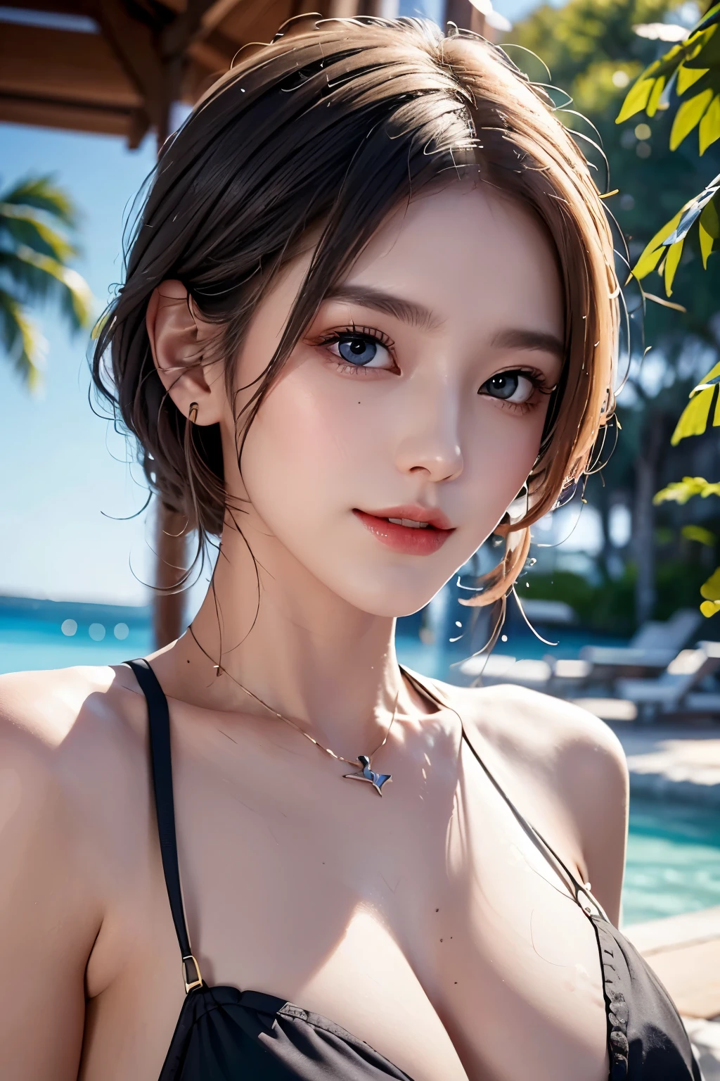 (hight resolution), (8K), (ighly detailed), (The best illustrations), (beatiful detailed eyes), (top-quality), (Ultra-detail), (​masterpiece), (wall-paper), (Detailed face), ((top-quality、8K、​masterpiece:1.3))、a beauty girl、1 female、Big Tits:1.3、Slender body type:1.1、Toned abs、Happy smiling face、dark brown hair、a pixie cut、(swimming pools、a wet body、Wearing erotic:1.1)、hyperdetailed face、Detailed lips、A detailed eye、double eyelid