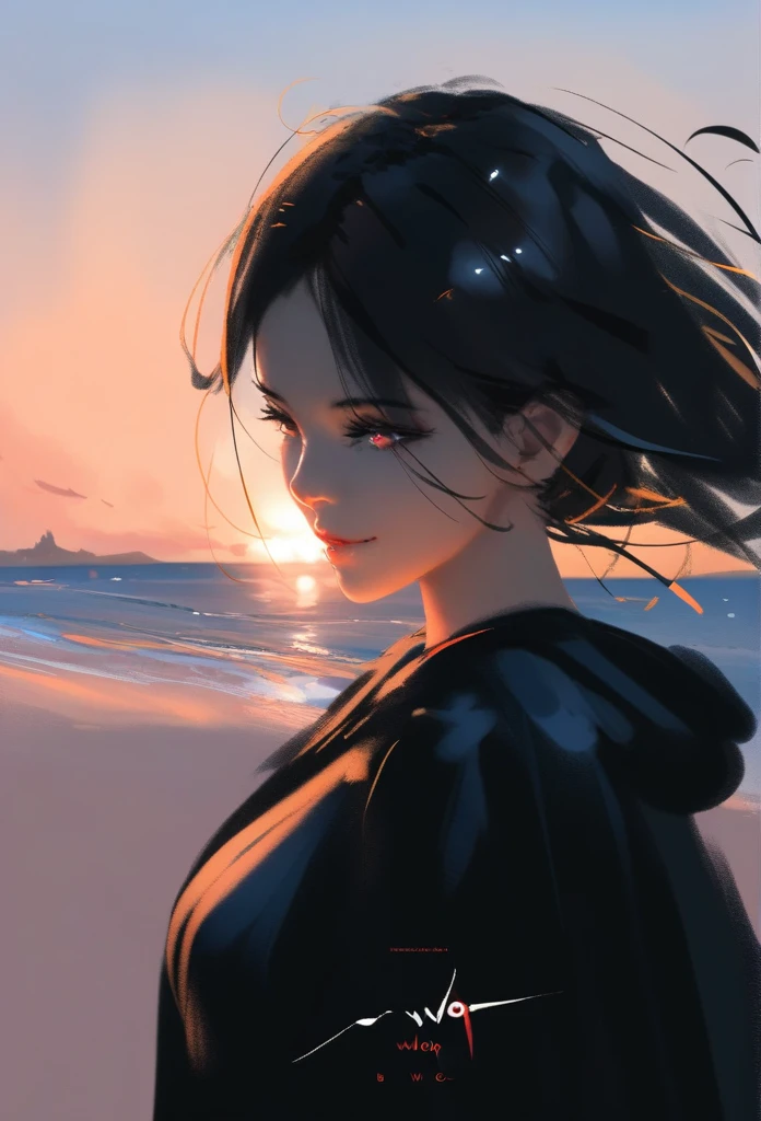 1girl, solo, wlop,
Black hair, gradient eyes, black cloak, seductive smile,
beach, sunset,
masterpiece, best quality,