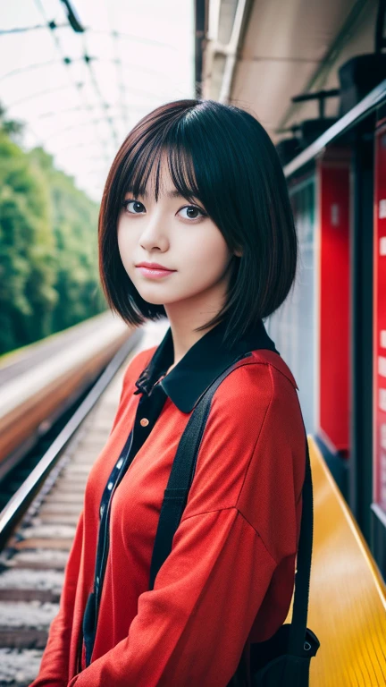 Mikasa,19 year old young woman , Best quality, High resolution, Short hair, Black eyes, look at the viewer, wearing a red shirt , railway ,beauty, Highest quality , high resolution