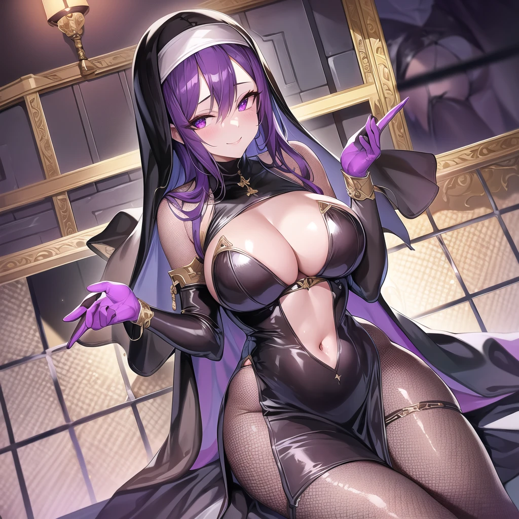 Mature Woman,(((Succubus disguised as a nun))),(((A thin veil covering the mouth,Sexy Costumes,Fishnet tights))),(Detailed Description, High resolution,8k wallpaper,masterpiece,Highest quality,Depth of region,Anatomically accurate depiction,A face with attention to detail, Eye for detail,Nice hands, Perfect Fingers,eyelash,(Brightly glowing purple eyes,Seductive Gaze,There is cleavage in the chest,A seductive smile,Large Breasts,Mysterious colored lips,bedにうつぶせ,Seductive pose,Beckoning),(((Glowing Skin、Shiny skin、Oilskin))),(From above:1.1),Perfect body,Depict the whole body,(background:bed),Devil's Wings