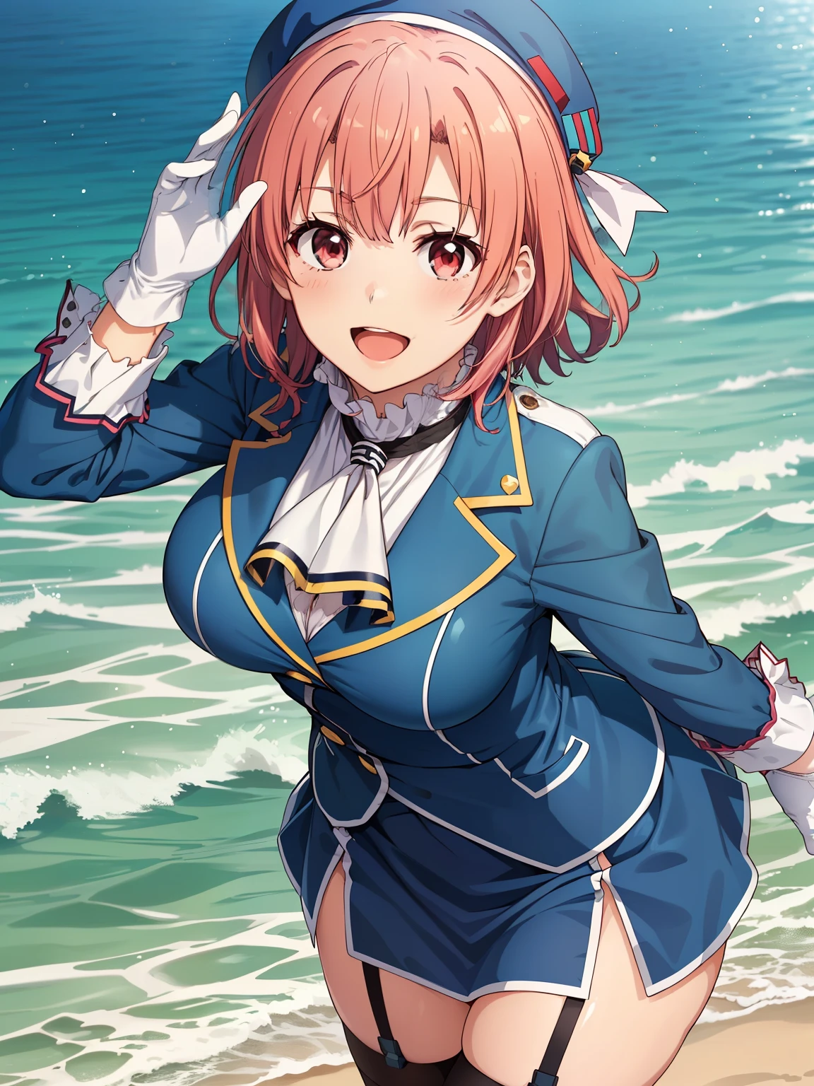 ((Highest quality, High resolution,  Perfect Pixel,  4K)),  (Beautiful Anime Girls), Depth of written boundary、


Yuigahama Yui,  (Big Breasts:1.2)、pink hair, 

(tkancolle, beret, jacket, blue jacket, long sleeves, gloves, blue skirt, thighhighs, garter straps),

smile、Open your mouth、
On the Sea、
dynamic pose, 