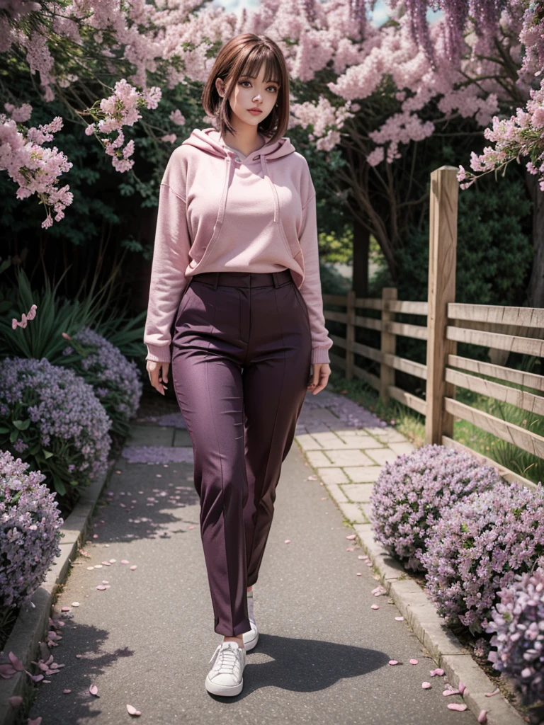 master part, absurderes, 1girl, standing alone,Mature female, purple hoodie,layered sleeves, brown pants, plein-air, Cloudy sky, perfect composition, circumstantiated lips, large breasted, beautiful face, body propotion, blush, (pink lips), short black hair, lilac eyes, gentle look, super realistic, circunstanciado, Photo Session, realistic face and body, Realistic hair, realisticeyes, realistic nose, realistic lips, brown pants, アニメ, walking under the flower petals, lilac sneakers