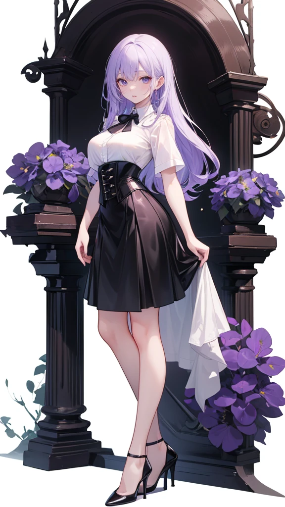 Purple Hair,long hair,Adult female,(suit),White Y-shirt,((Rolling up his sleeves)),(corset),(Black tight skirt),(High heels),Heels are visible,((Simple white background)),smile,((whole body)),((full body)),