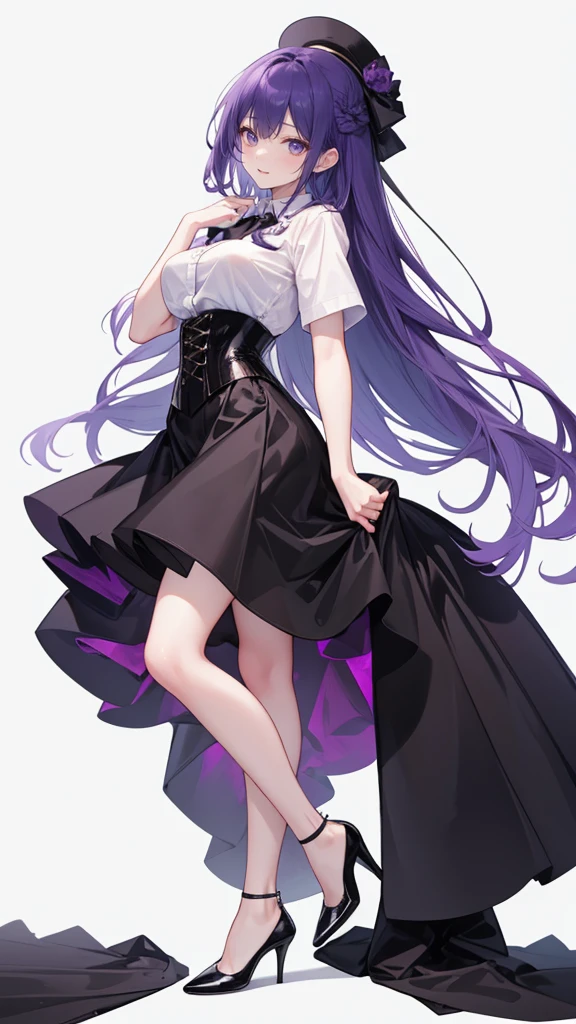 Purple Hair,long hair,Adult female,(suit),White Y-shirt,((Rolling up his sleeves)),(corset),(Black tight skirt),(High heels),Heels are visible,((Simple white background)),smile,((whole body)),((full body)),